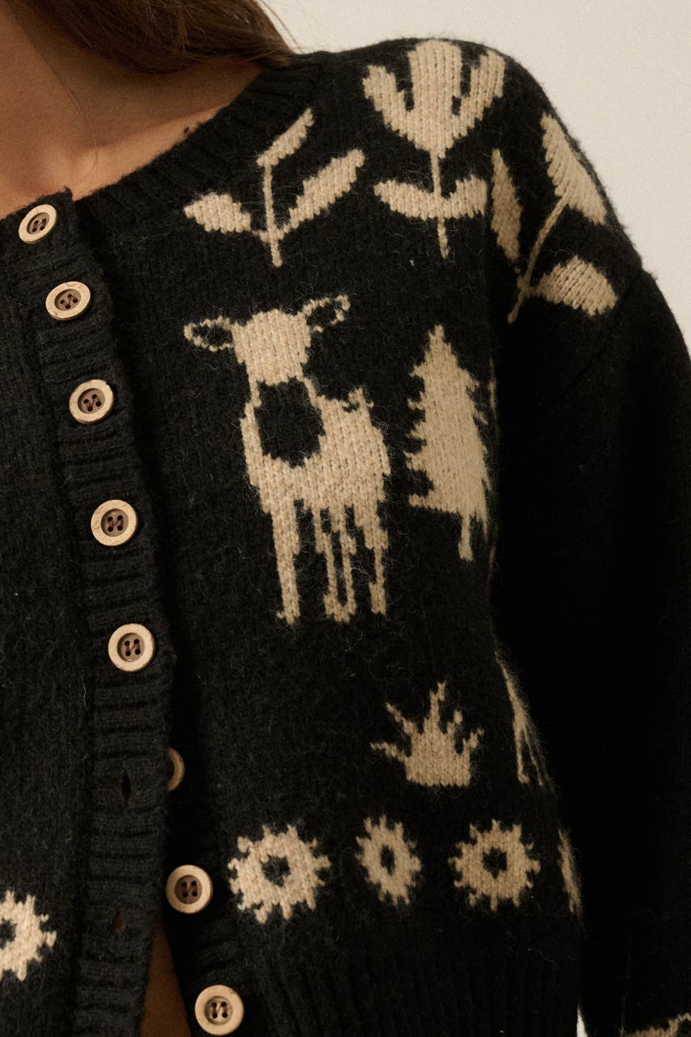 Forest Motif Knit Button-Front Cropped Cardigan Sweater