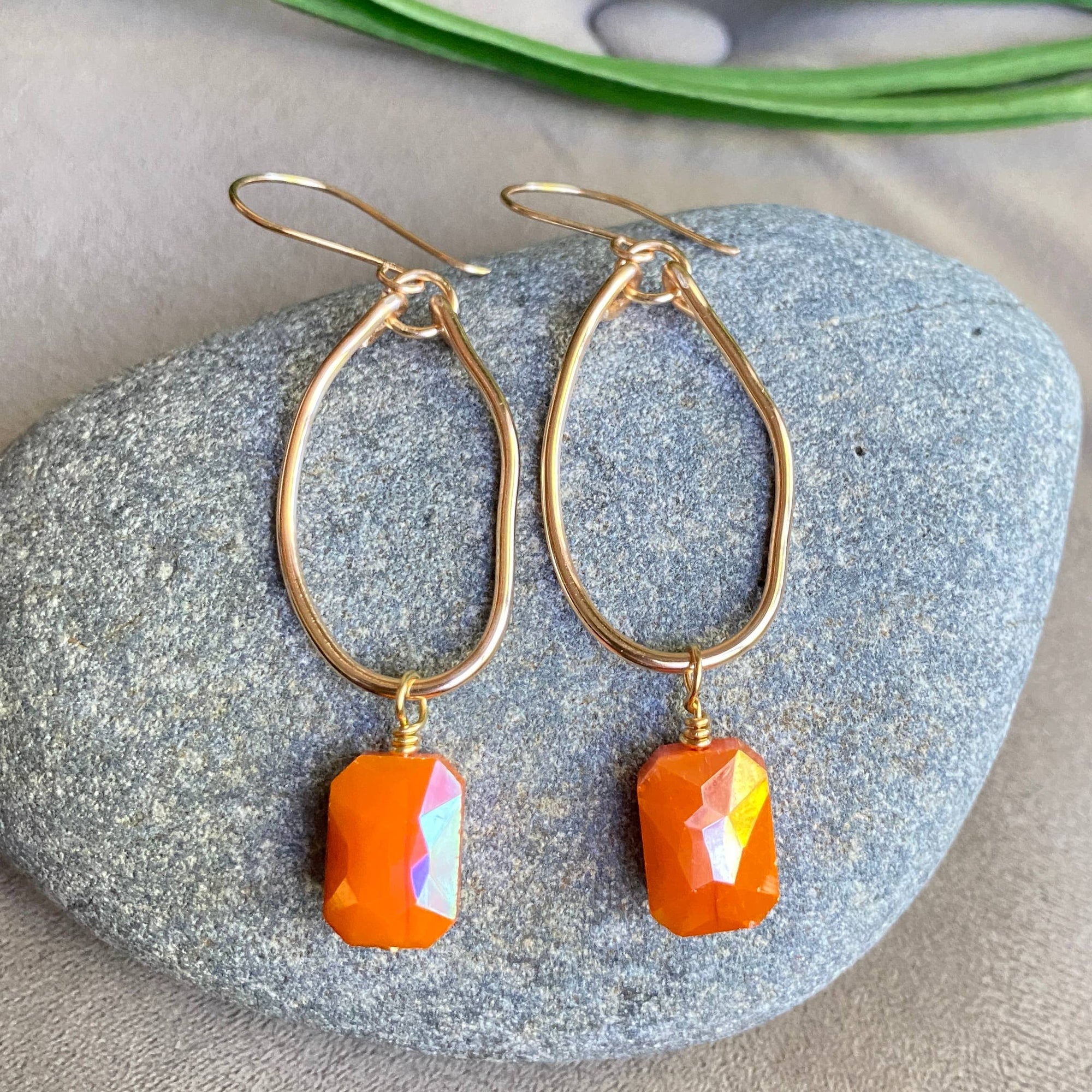 Orange - Gold Hoop Earrings Organic Crystal Orange Earrings Dangle: Gold