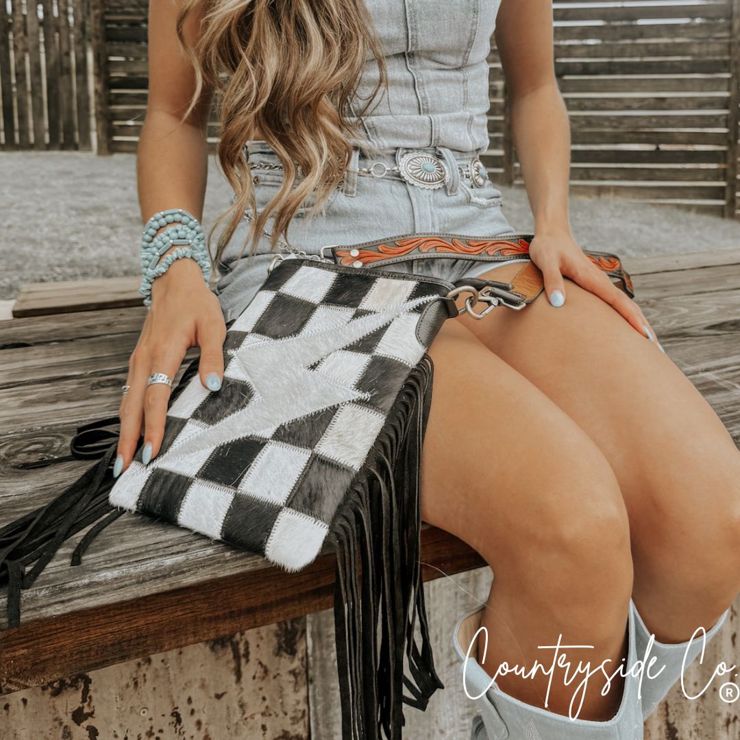 Grit &amp; Glam Checkered Cowhide Purse, Tooled Leather Strap