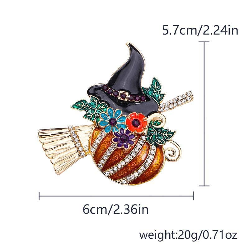 Halloween Pumpkin Witch Floral Playful Rhinestone Brooch