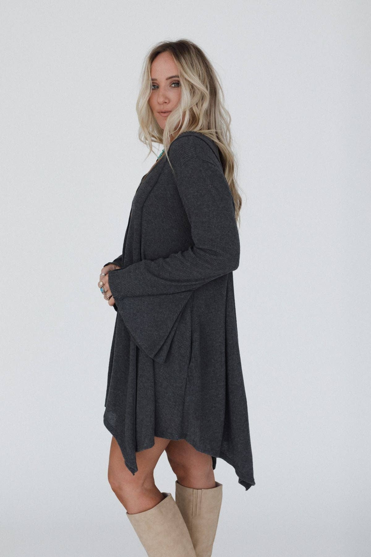 Golden Hour Long Bell Sleeve Tunic Dress - Charcoal: