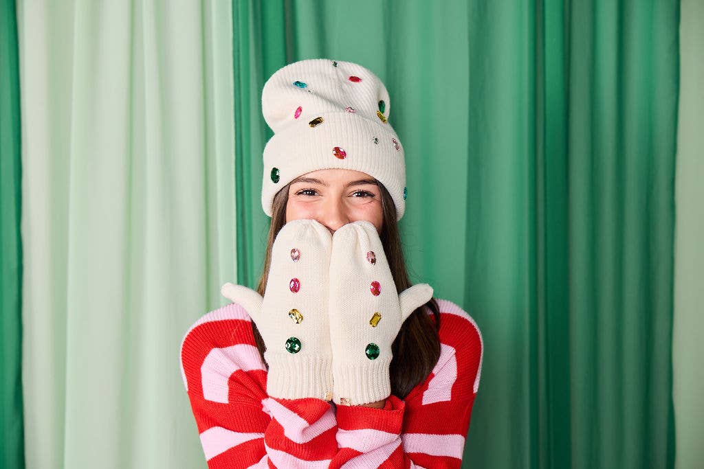 Snow Cute Sparkle Beanie and Mittens  Set