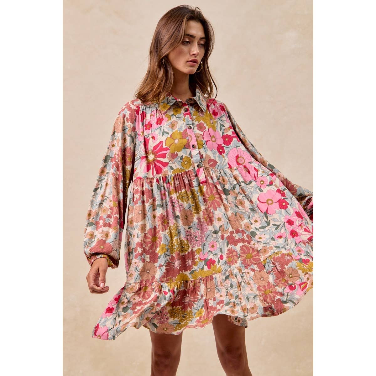 FLORAL PRINT SHIRRING BUTTONED TIERED SHIRT DRESS