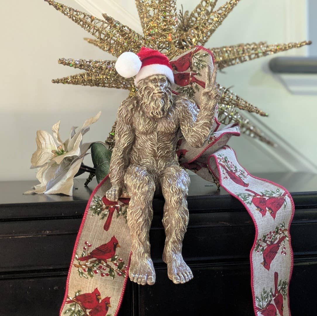 Christmas Bigfoot Peace Sign Statue 10 inch H Shelf Sitter