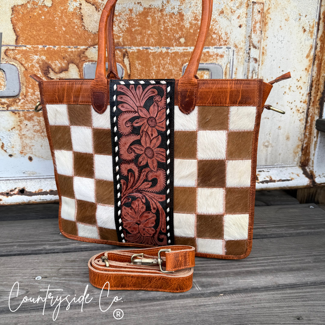 Virginia Cowhide Checkered Tote Handbag, Rust Tone Leather