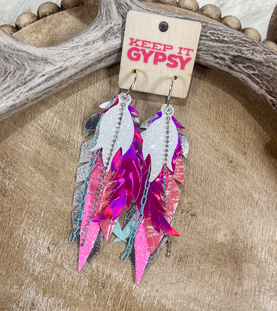 Pink &amp; White Feather Earrings