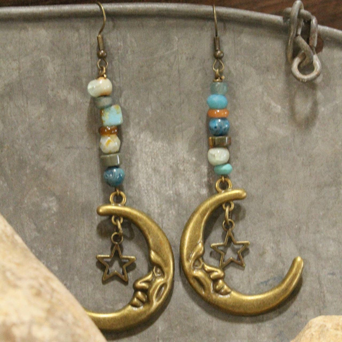 Bronze Moon &amp; Stars Stone Earrings