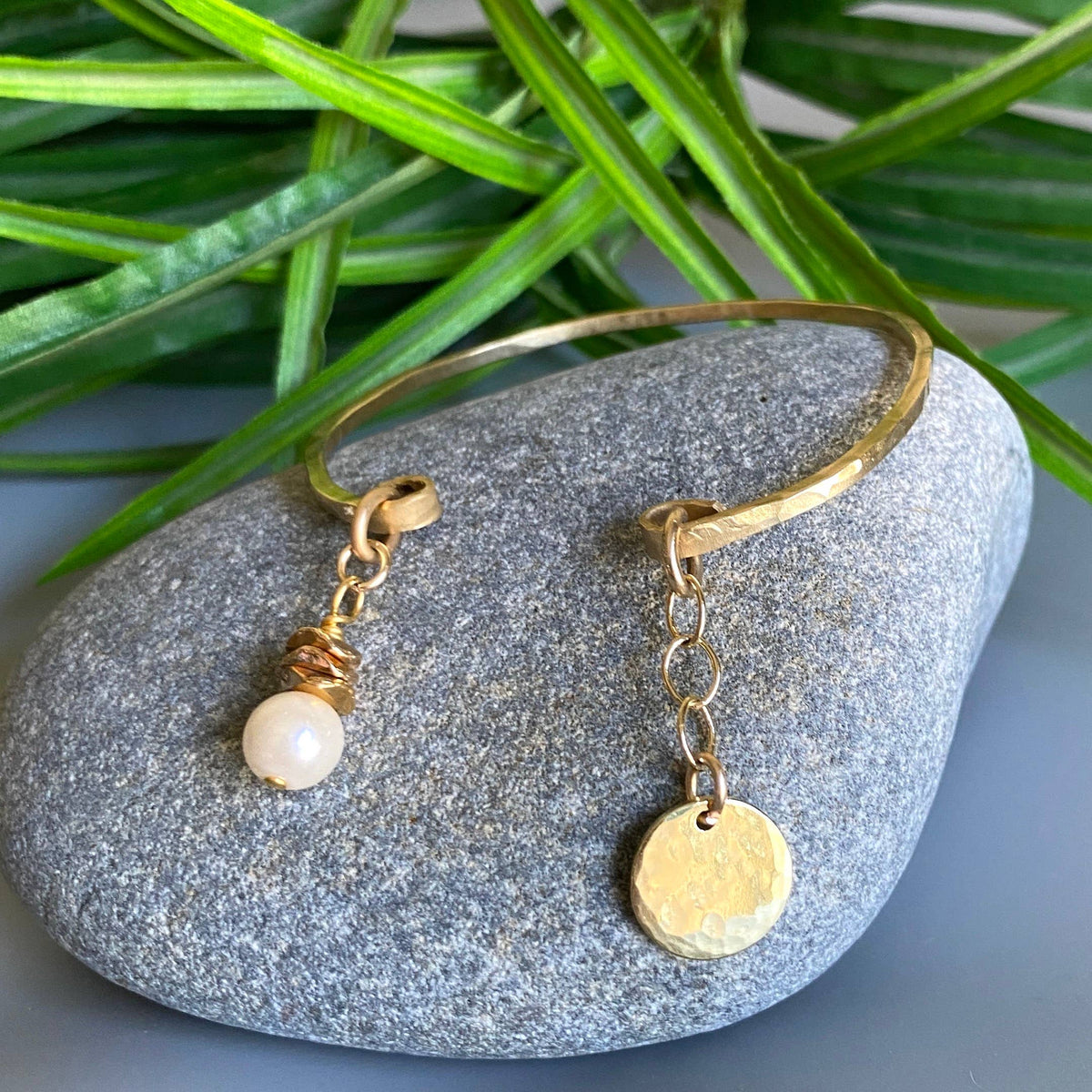 Gold Bangle Cuff Bracelet Hammered Charms Pearl Drop