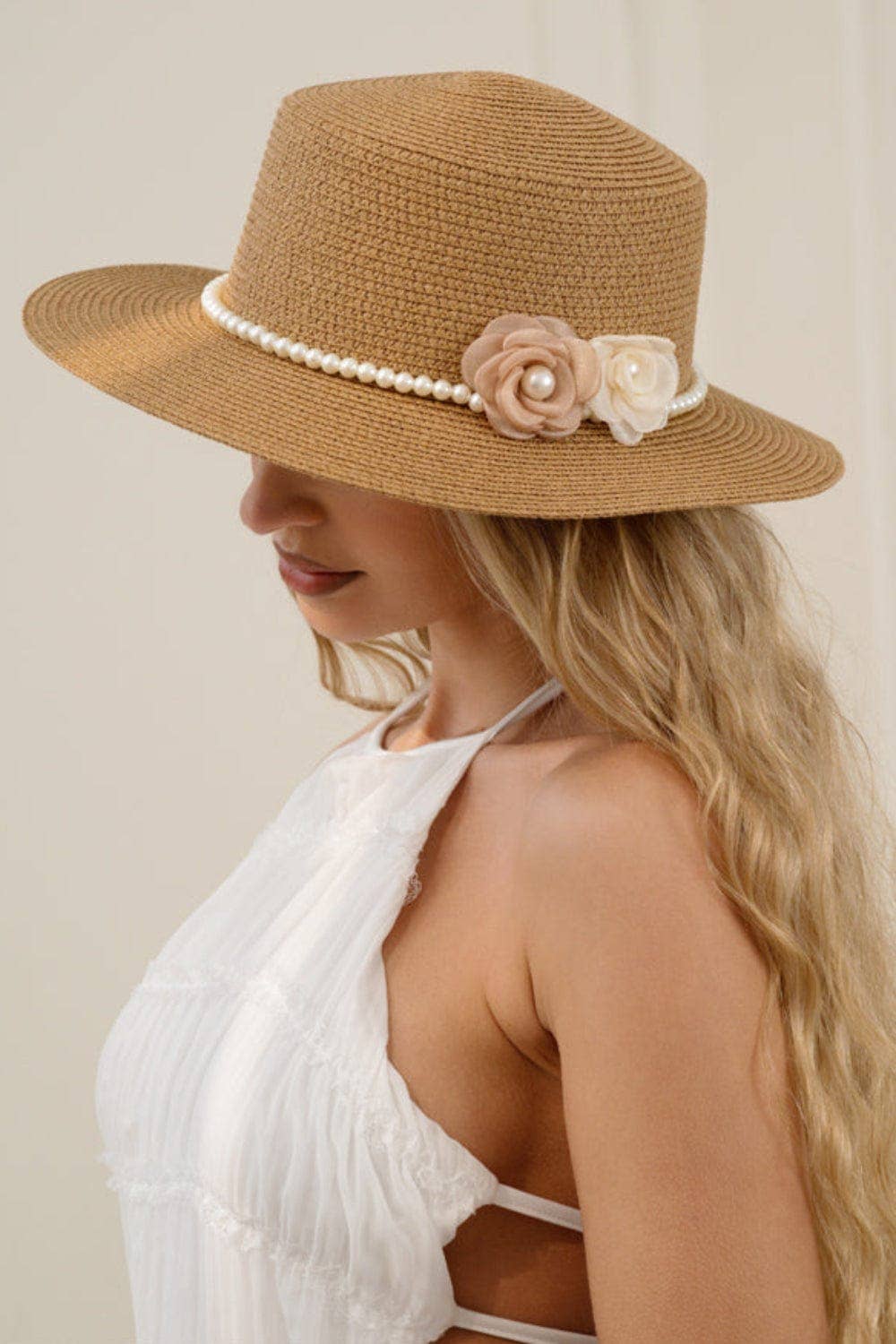 Minnie Straw Panama Hat With Pearl Flower Band