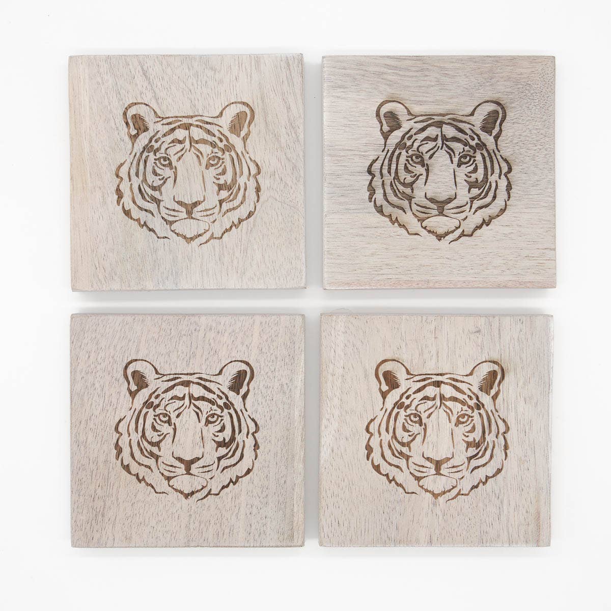 Tiger Etched Wood Coasters   Antique White   4x4