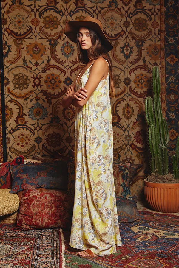 Tie Dye Print Flowing Maxi Slip Dress: YELLOW MULTI