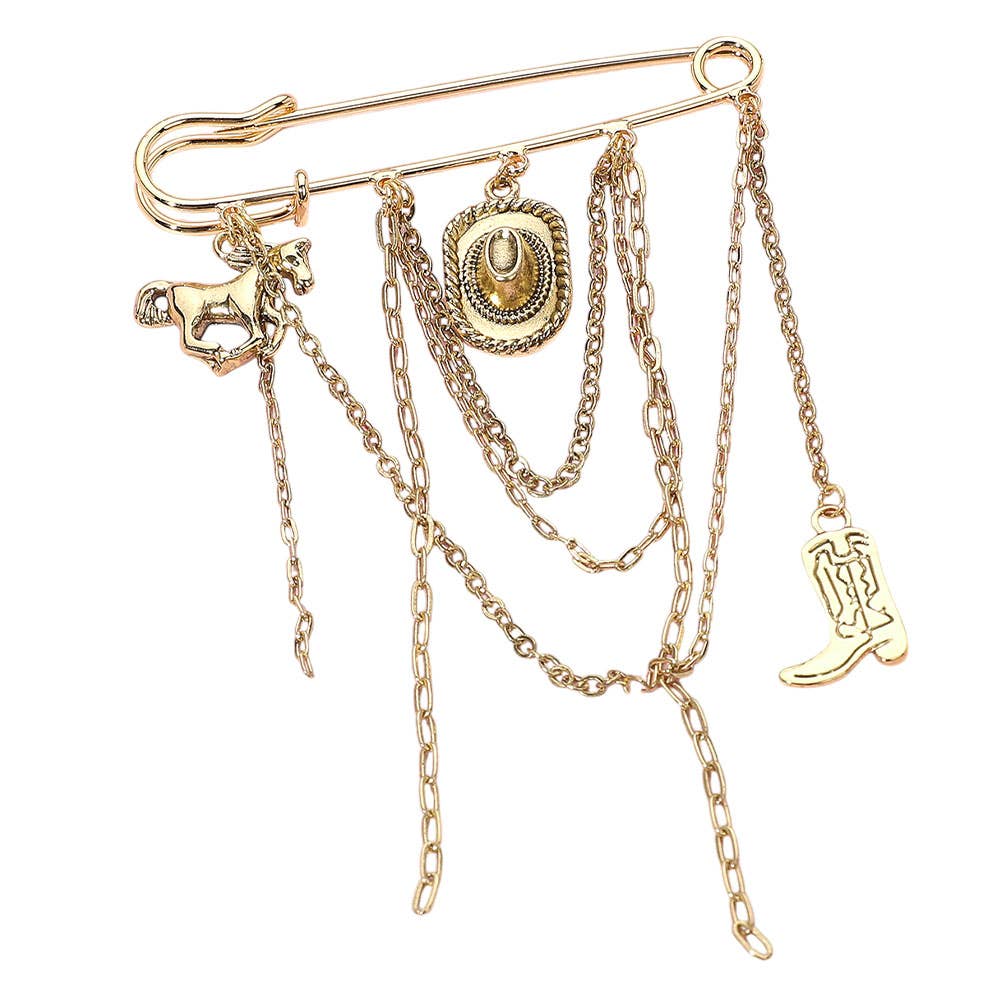 Antique Metal Western Cowboy Hat Boot Horse Charm Dangle Accent Safety Pin Brooch