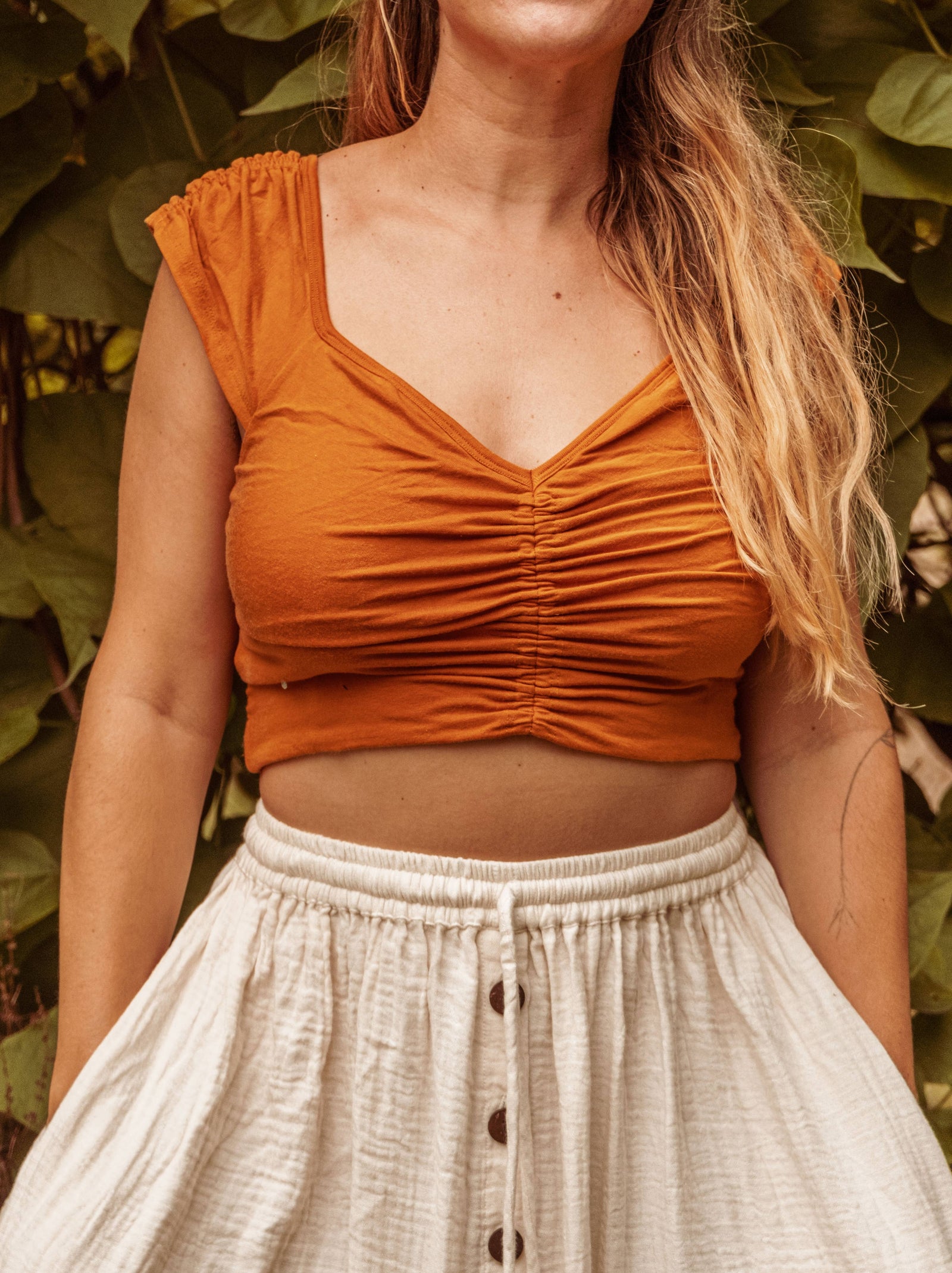 Forest Fiber Tencel Boho Yoga Crop Top, Cinch Crop Bra Top: Honey Ginger