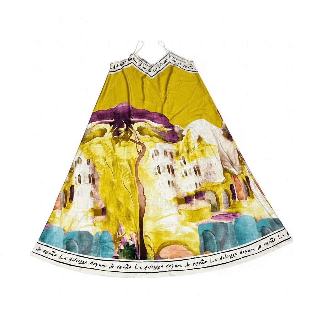 Italian Watercolour Silk Maxi Dress - Lemoncello O/S