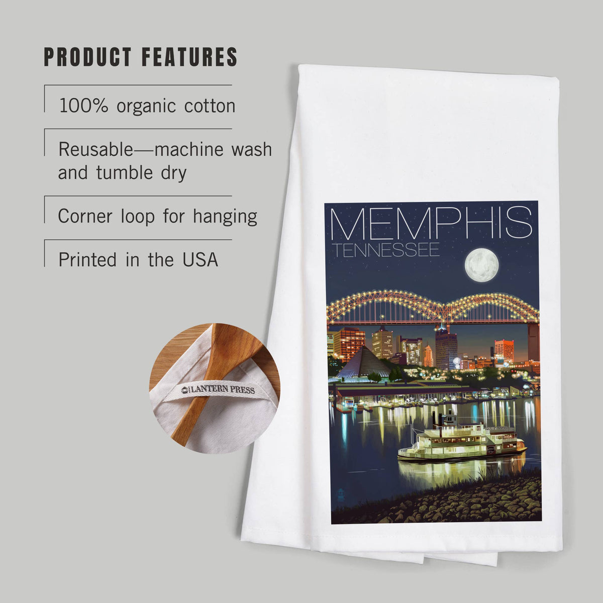 ORGANIC TEA TOWEL Memphis, Tennesseee, Skyline at Night