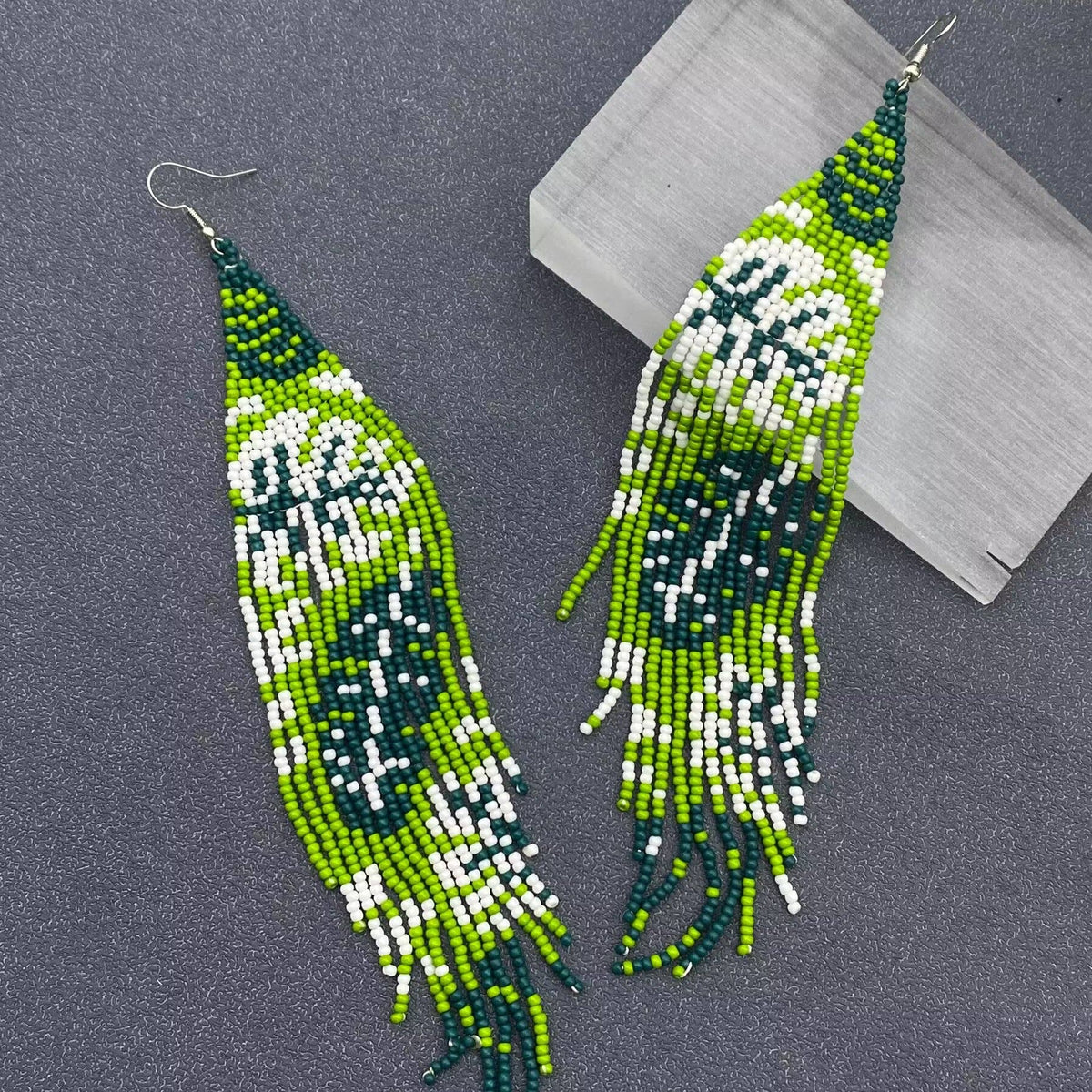 Green Tone Plant Seed Beads Long Fringe Earrings - SB