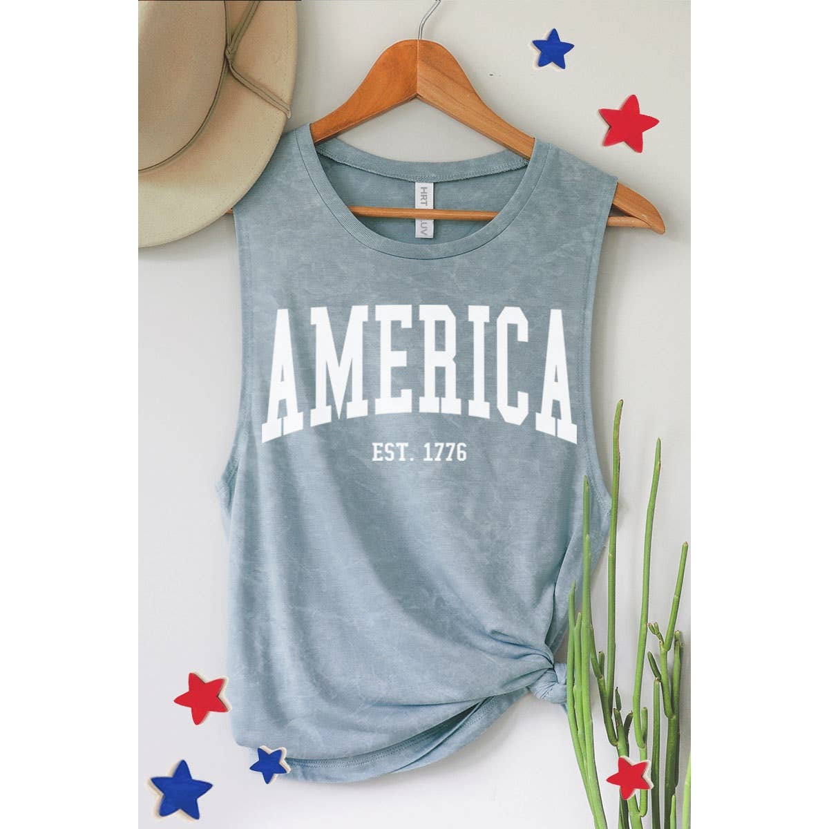 AMERICA EST 1776 GRAPHIC TANK TOP: MINERAL VINTAGE BLUE