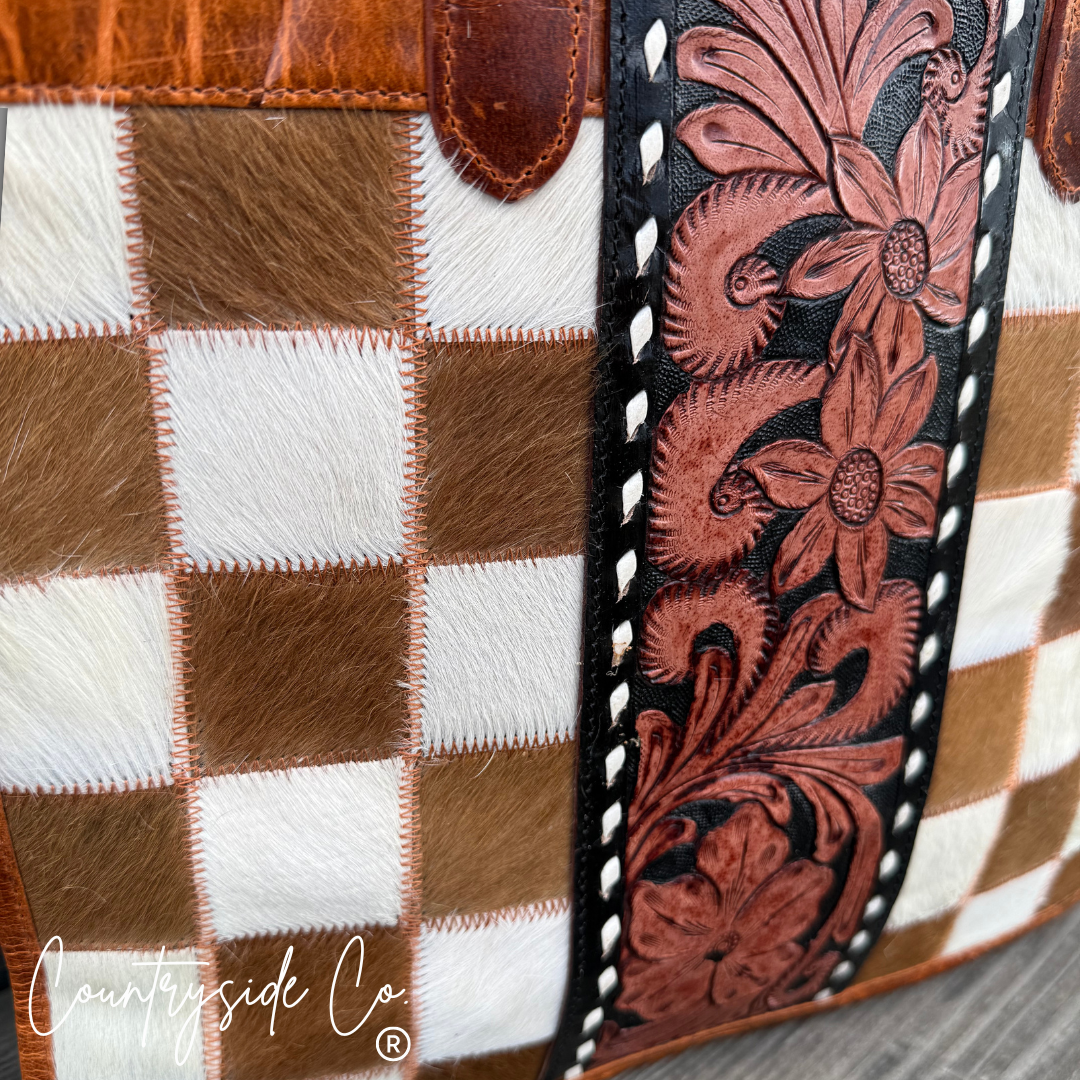 Virginia Cowhide Checkered Tote Handbag, Rust Tone Leather