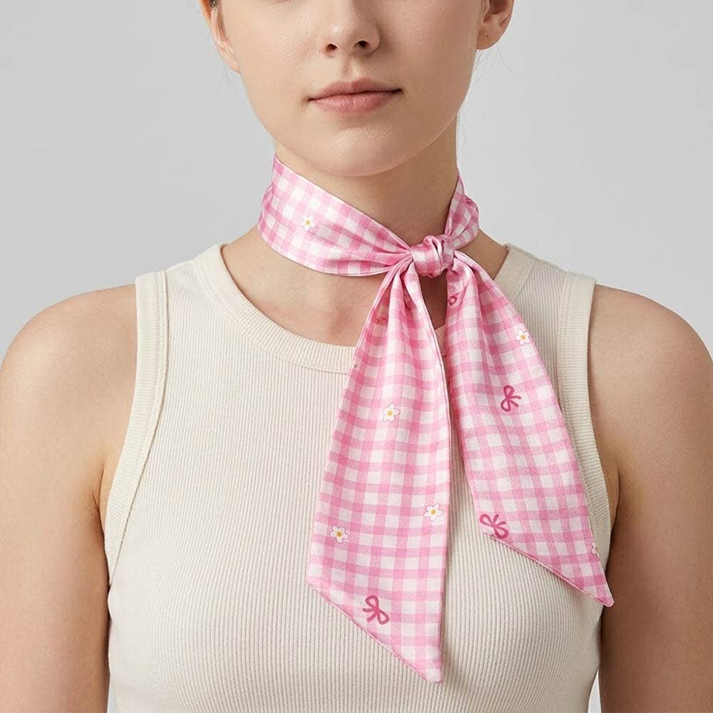 Silky Feel Bow Accent Checkered Pattern Print Twilly Bag Neck Scarves