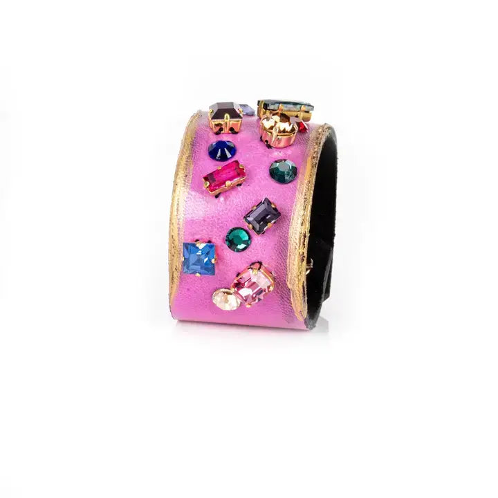 Prism Chaos Cuff Pink Leather Multicolor Crystal Statement