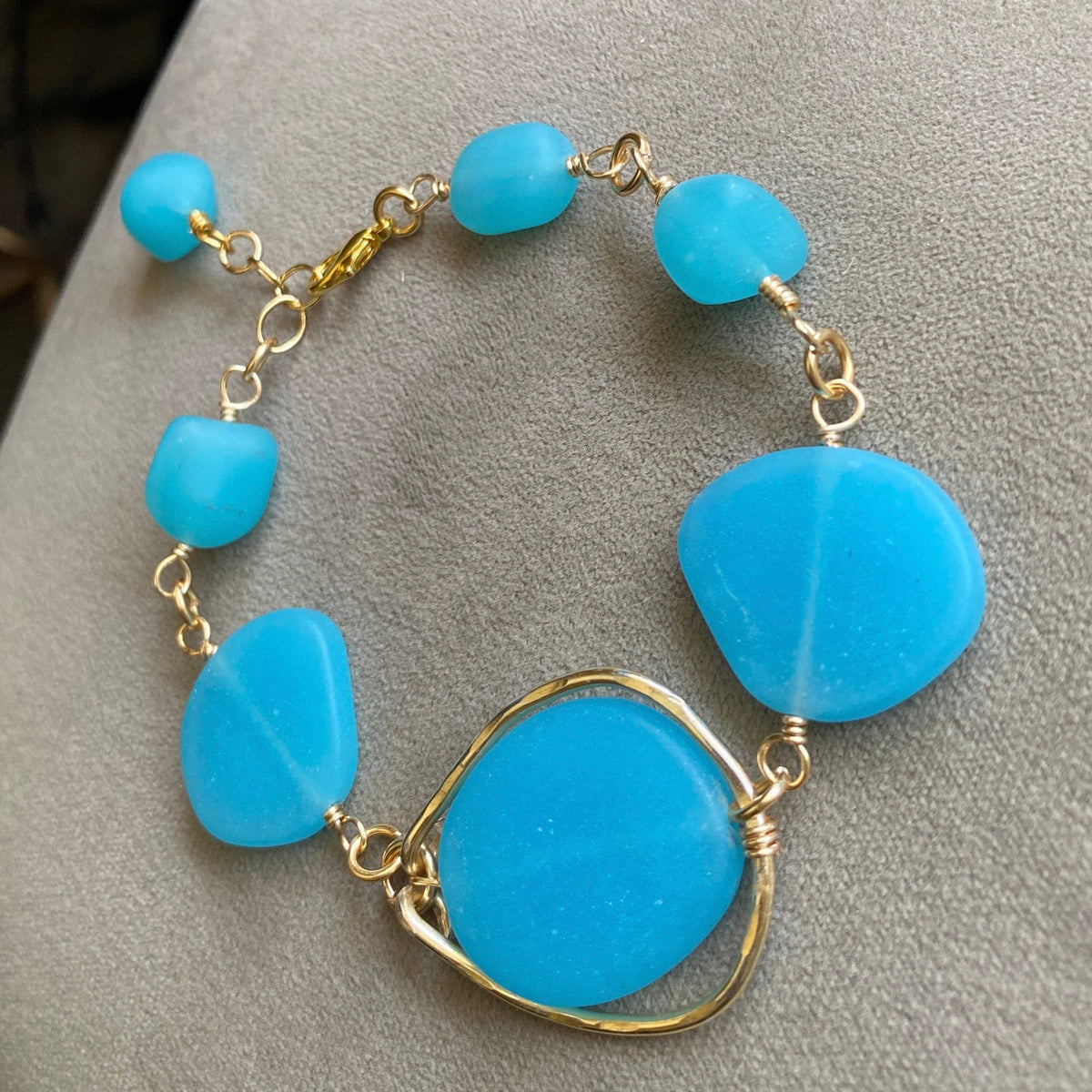 Gold Hammered Frame Bracelet Blue Frosted Glass Matte