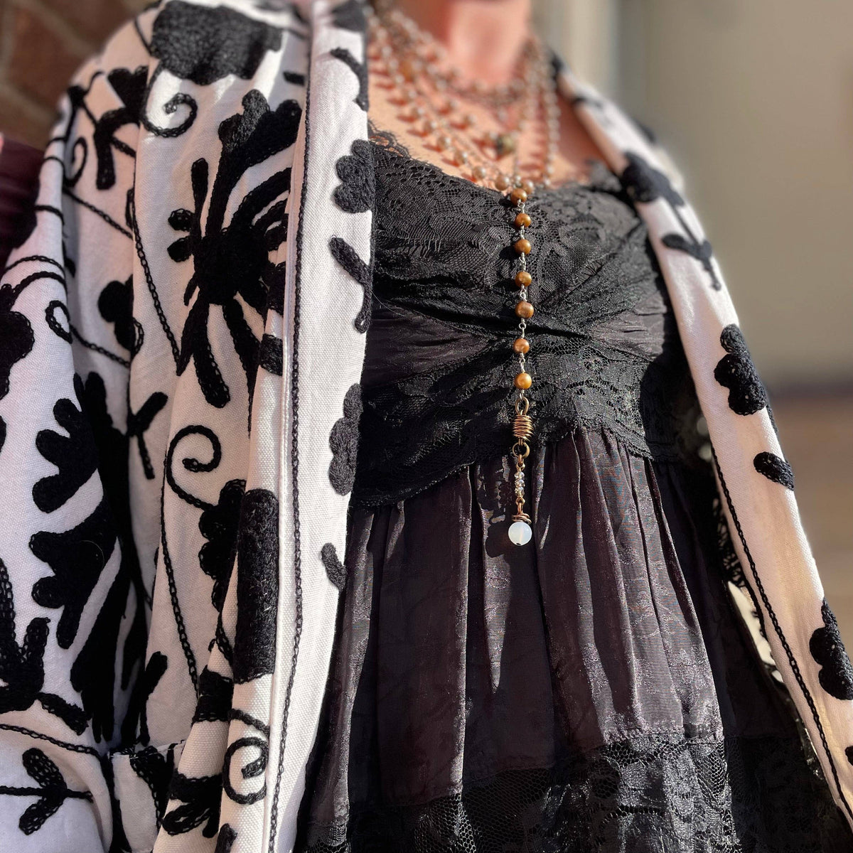 Suzani Hand Embroidered Jacket- Black and White: One size