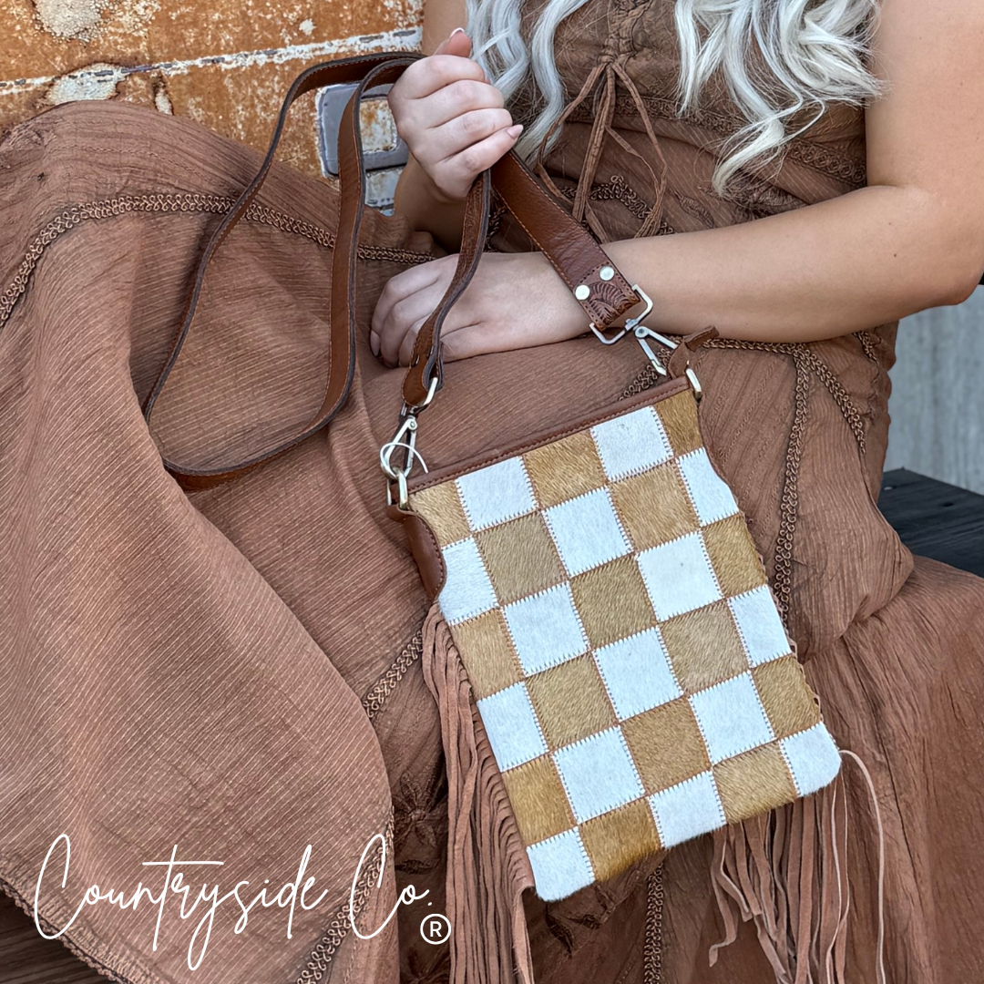 Stockdale Checkered Cowhide Fringe Purse, Brown &amp; White