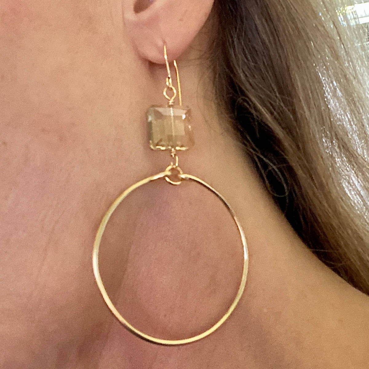 Large Smooth Gold  Hoop Champagne Crystal Earrings Sparkle: Champagne / Gold Hoops