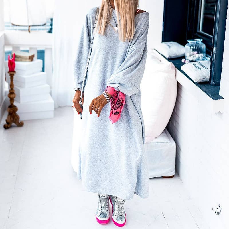 FASHION SOLID COLOR CASUAL LONG SLIT DRESS: GREY