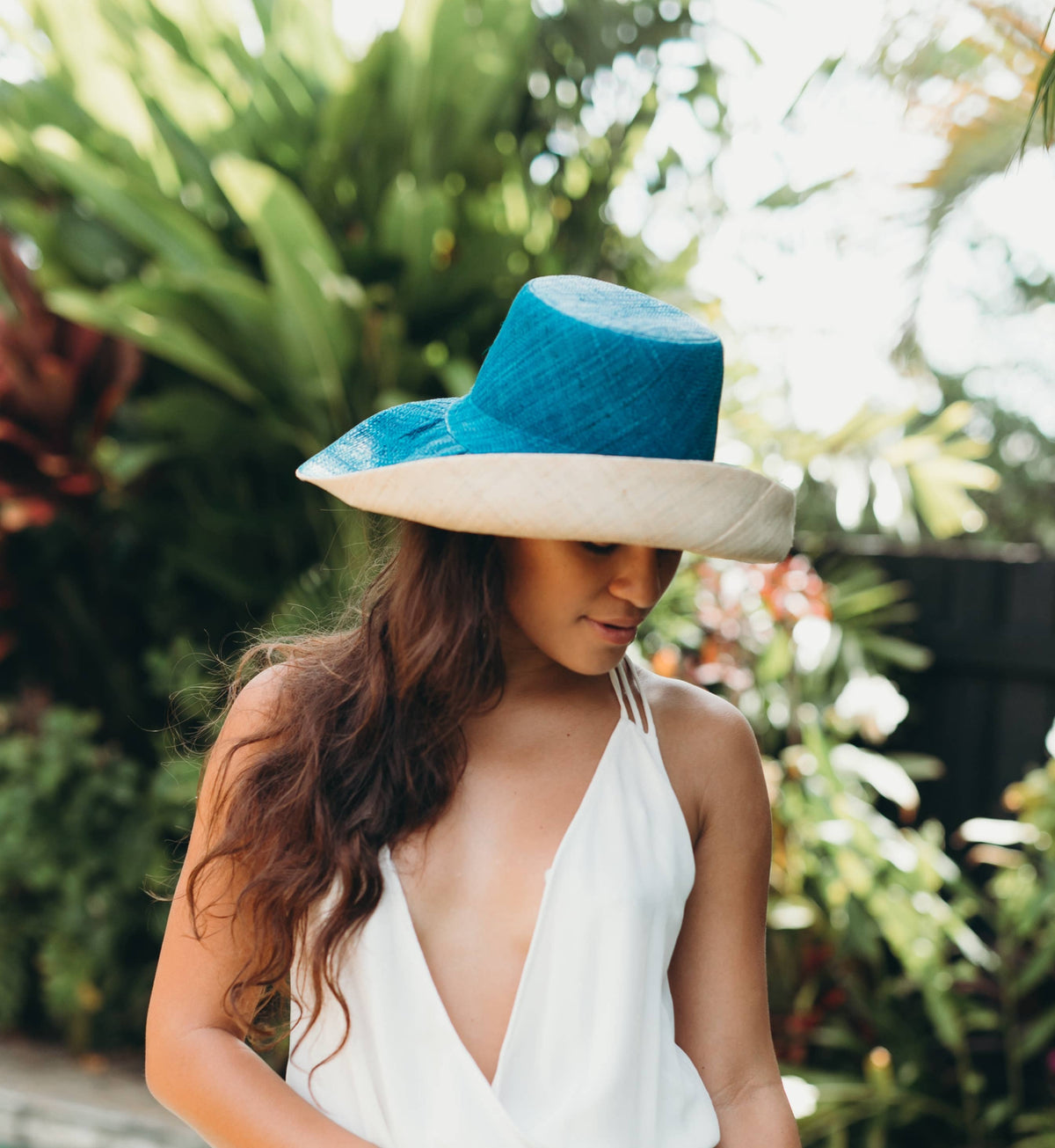 Monica  7" Wide Brim Two Tone Packable Straw Sun Hats