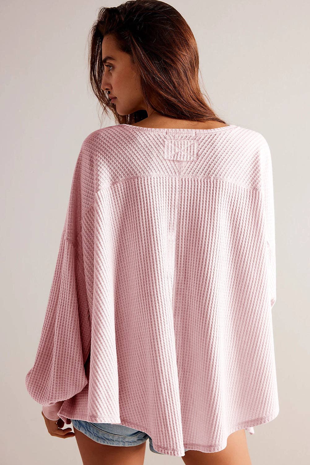 V Neck Long Sleeve Drop Shoulder Loose Blouse: Light Pink