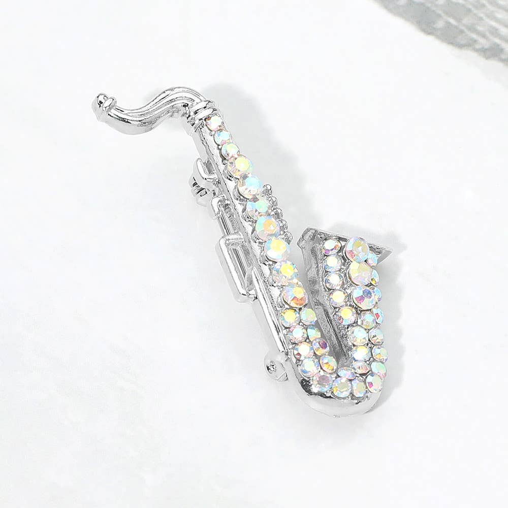 Rhinestone Pave Saxophone Pin Brooch