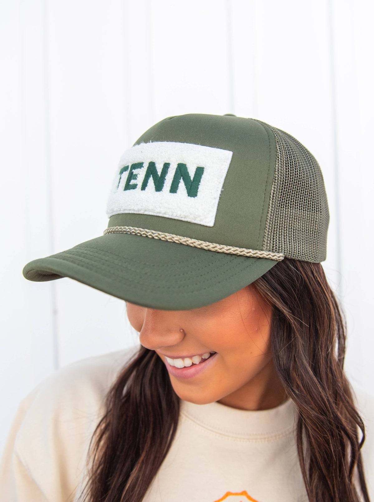 Tennessee "TENN" Chenille Patch Trucker Hat, Sage Green