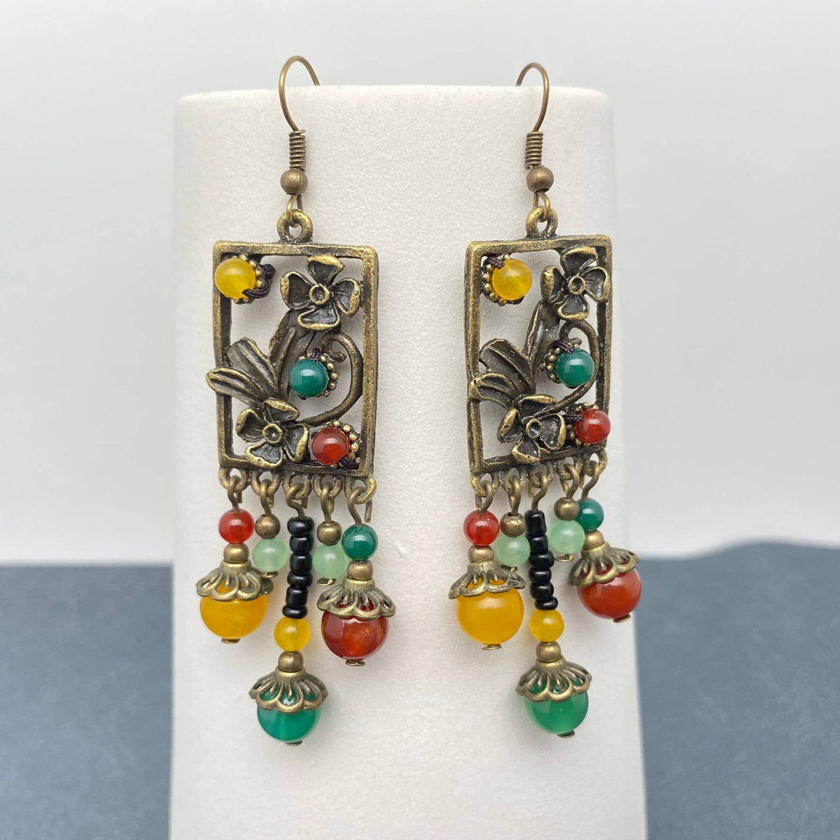 Chinoiserie Agate Glass Beaded Flower Dangle Earrings - CS