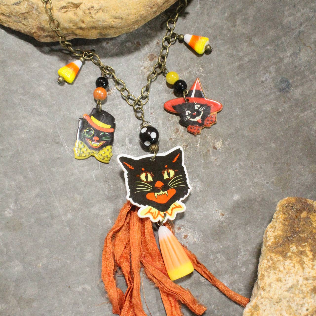 Black Cat & Candy Corn Charm'd Bronze Necklace