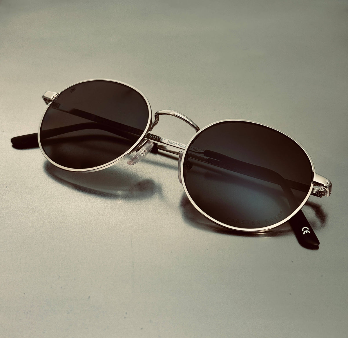 Baptiste Black Stainless Steel Sunglasses, Handmade in Italy: Silver Frame/Black Lenses or Gold Frame/Green Lenses