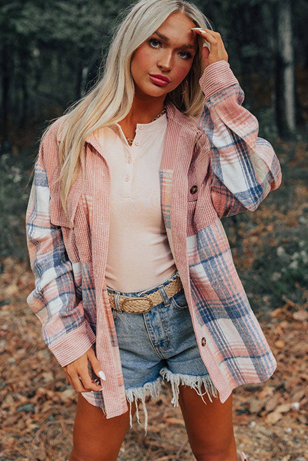 Plaid Corduroy Patchwork Chest Pocket Shacket: Light Pink