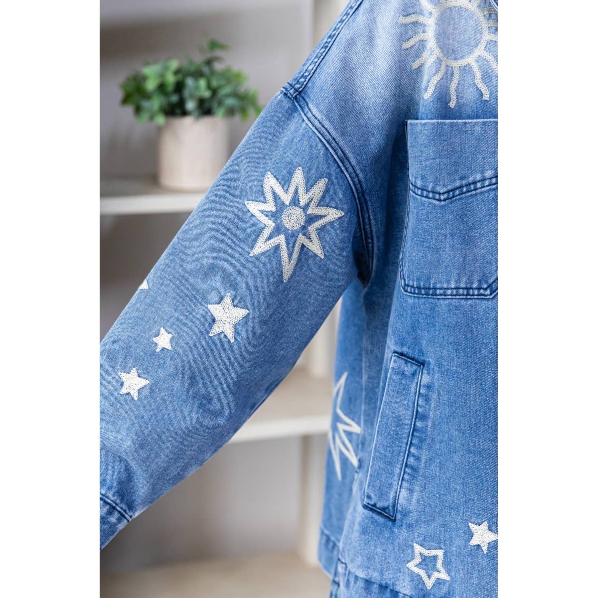 Embroidered Denim Jacket	: Medium Wash