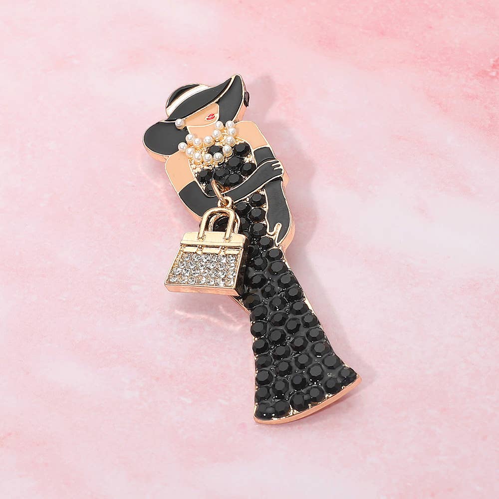 Rhinestone Paved Elegant Lady with Handbag and Pearls Pin Brooch