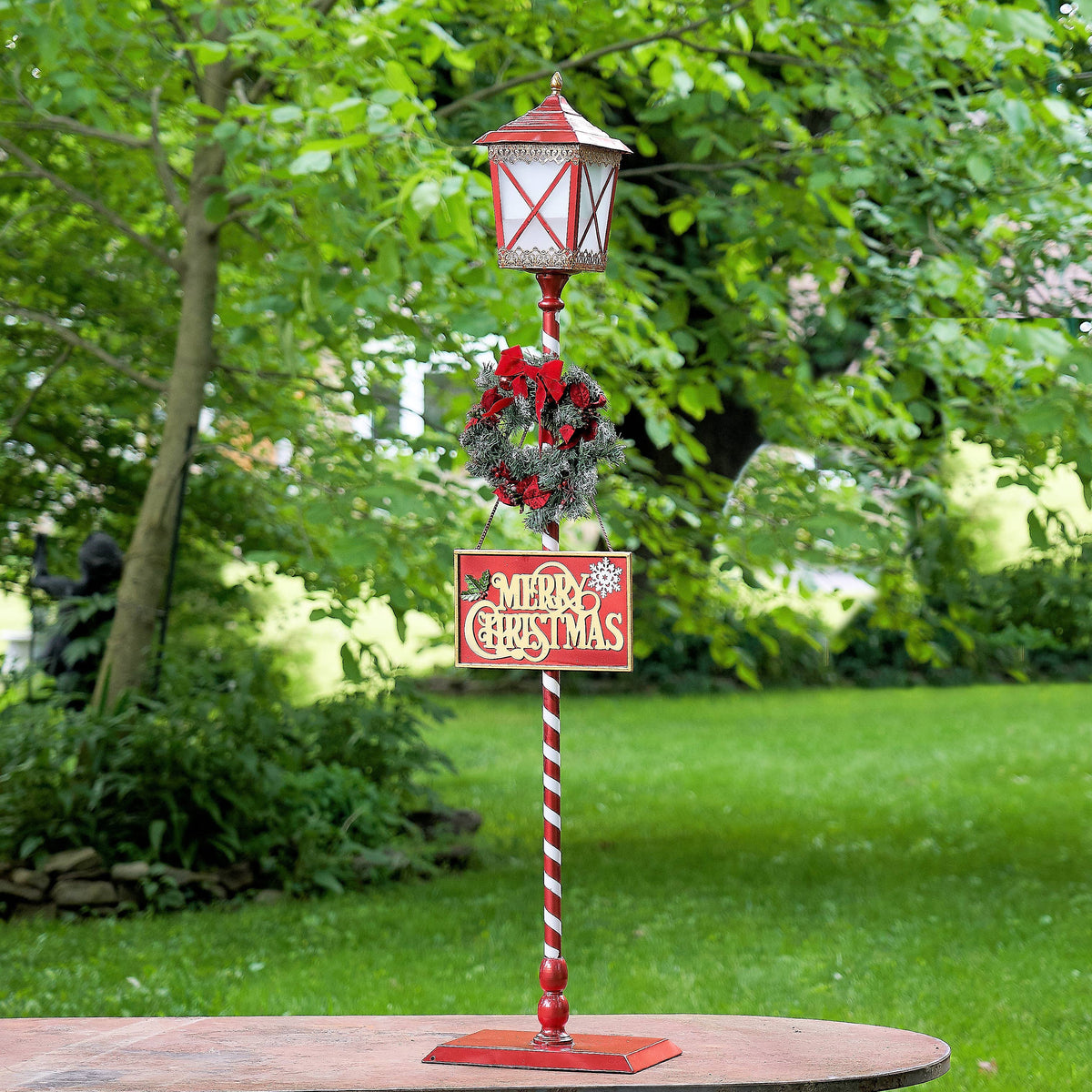 59" Tall Standing Iron Lantern with LED Lights and Wreath