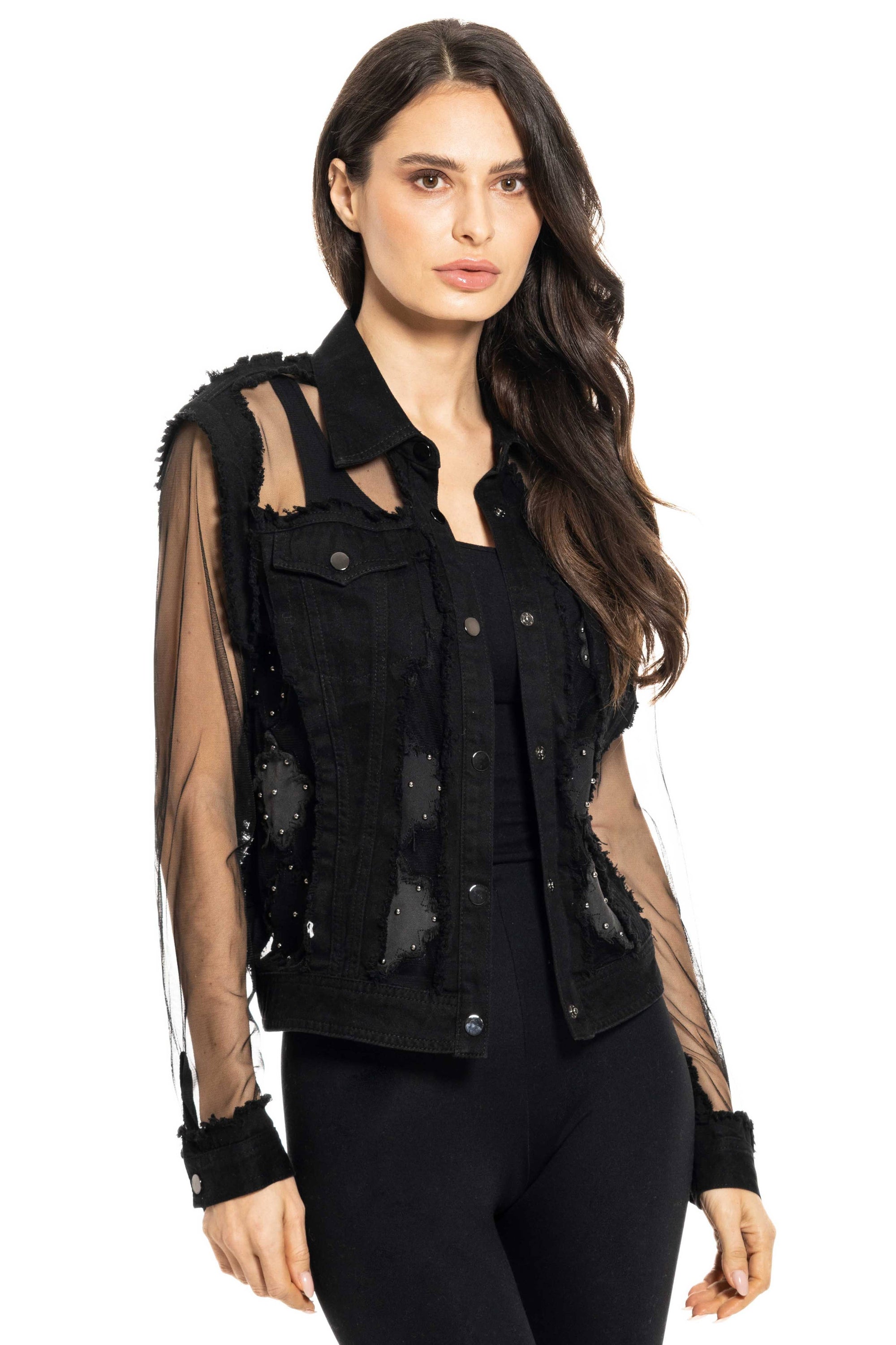 Studded Black Denim Mesh Jacket