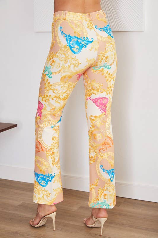Baroque Print Long Flare Pants: Beige/Gold
