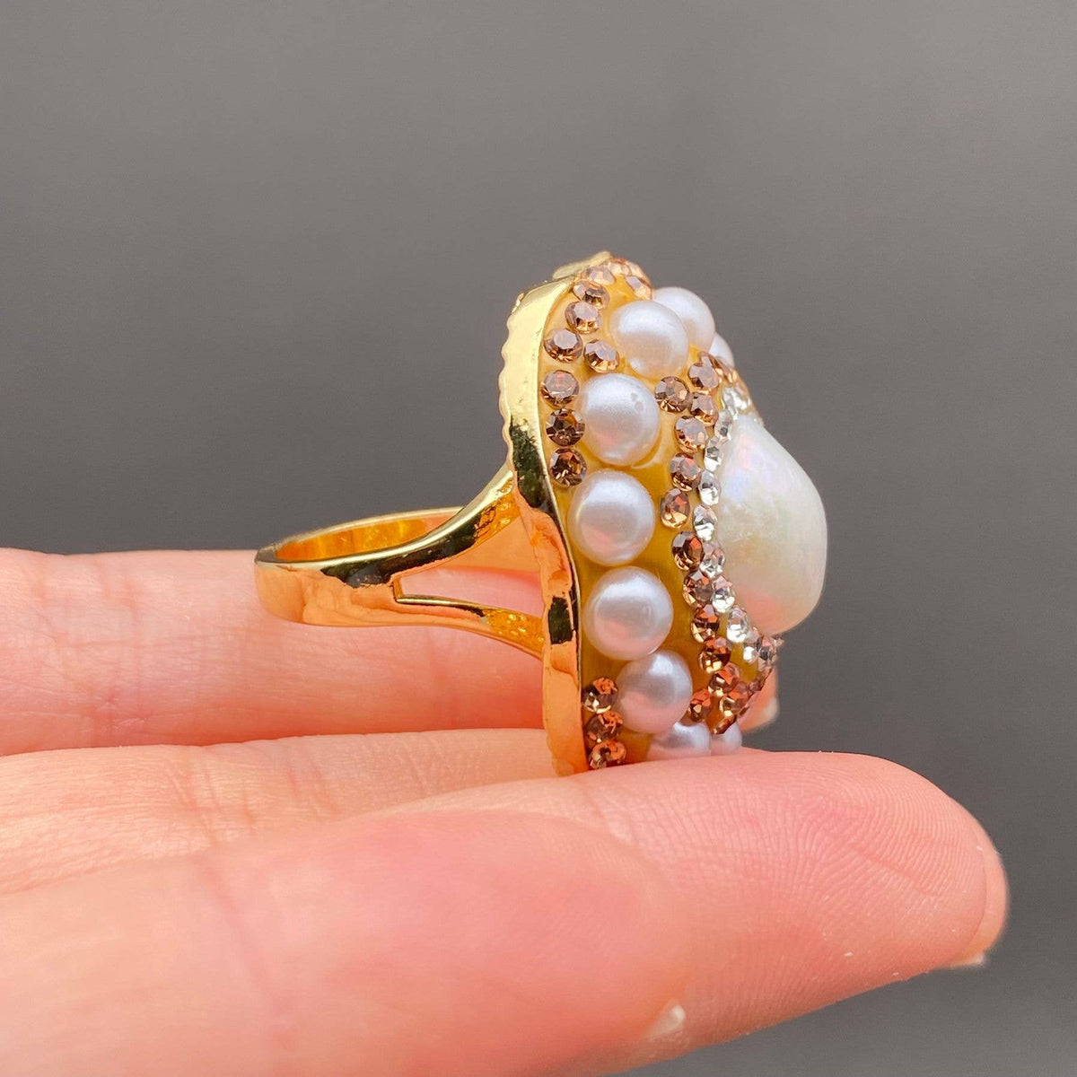Pearl &amp; Rhinestone Inlaid Adjustable Ring