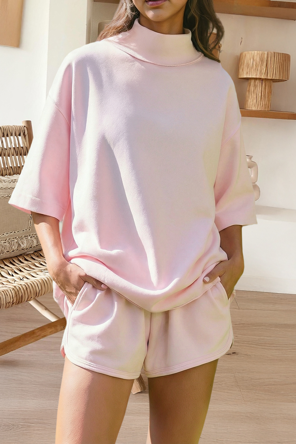 Mock Neck Oversize Tee Casual Shorts 2pcs Outfit