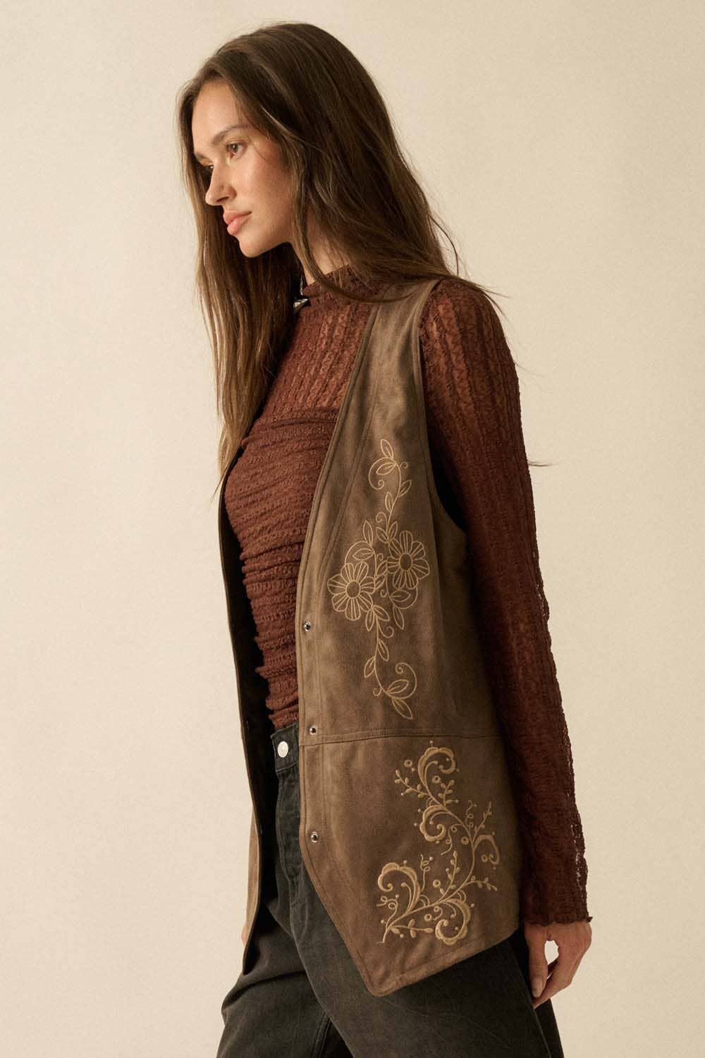 Floral-Embroidered Faux Suede Snap-Front Vest
