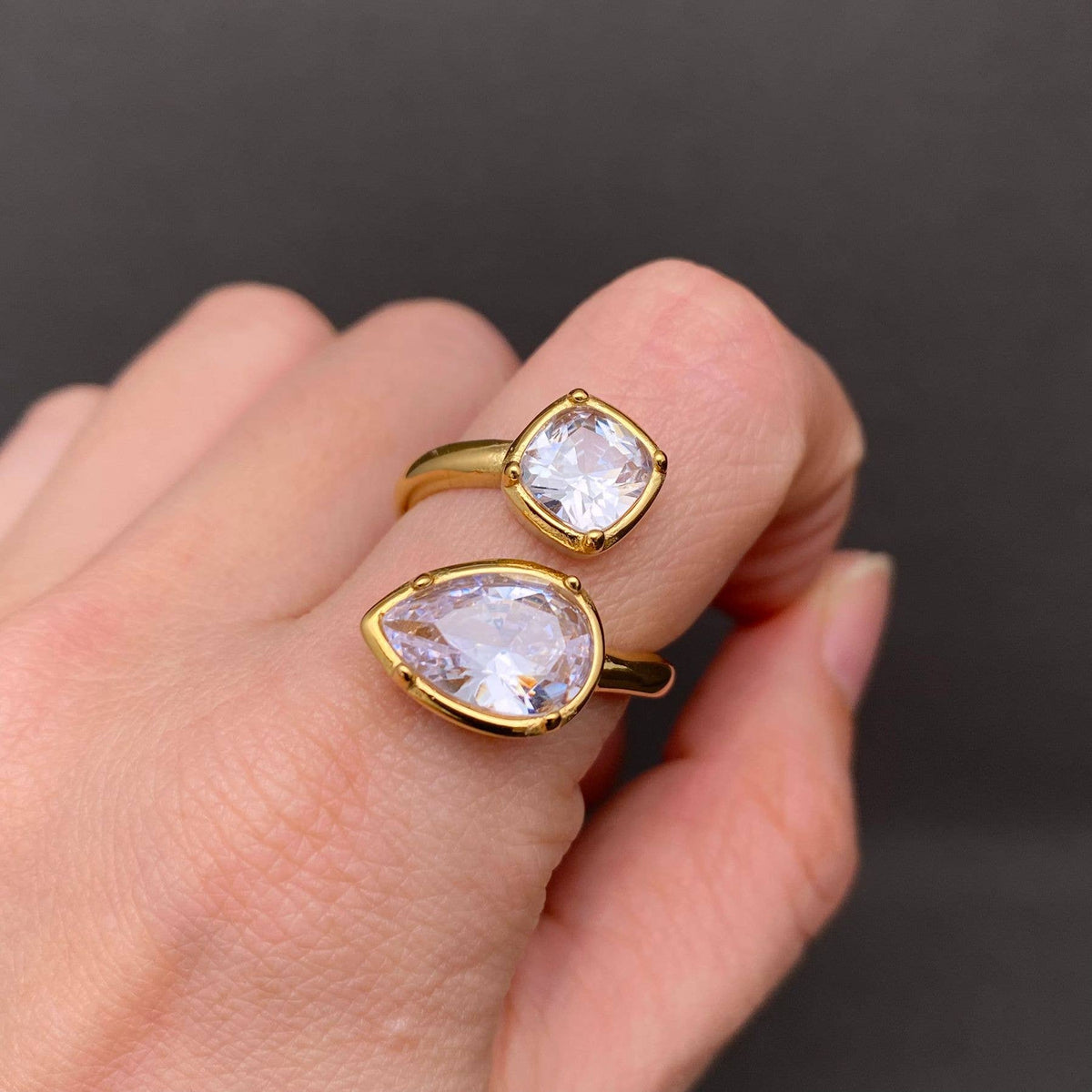 Double Zircon 18K Gold Plated Stainless Steel Ring - FGS