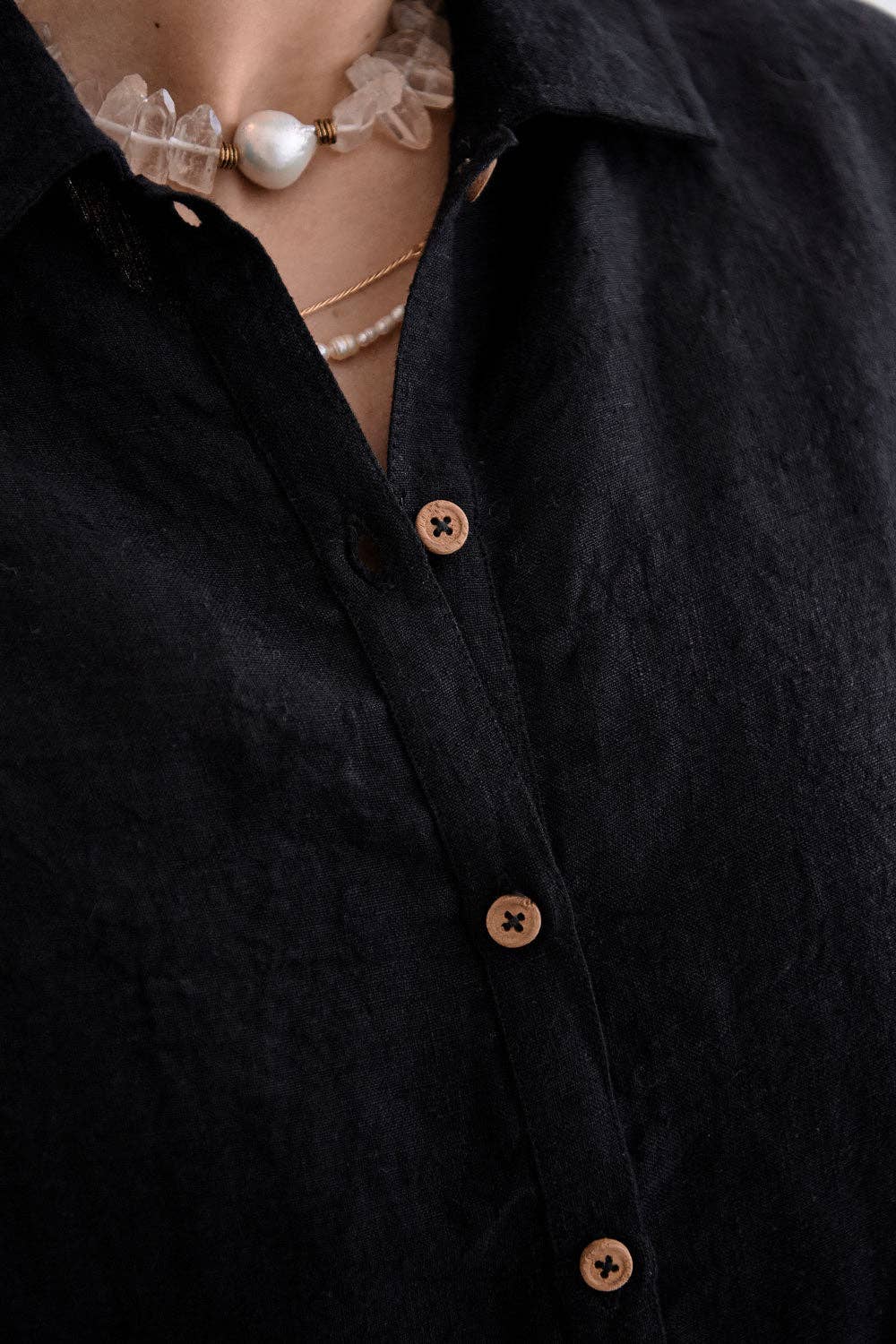 Linen Shift Dress - Black: Black / M/L