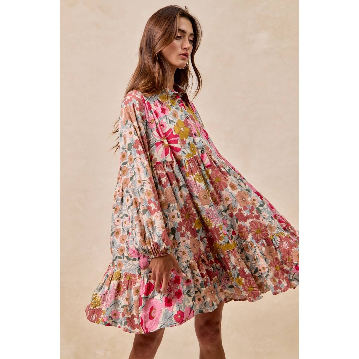FLORAL PRINT SHIRRING BUTTONED TIERED SHIRT DRESS