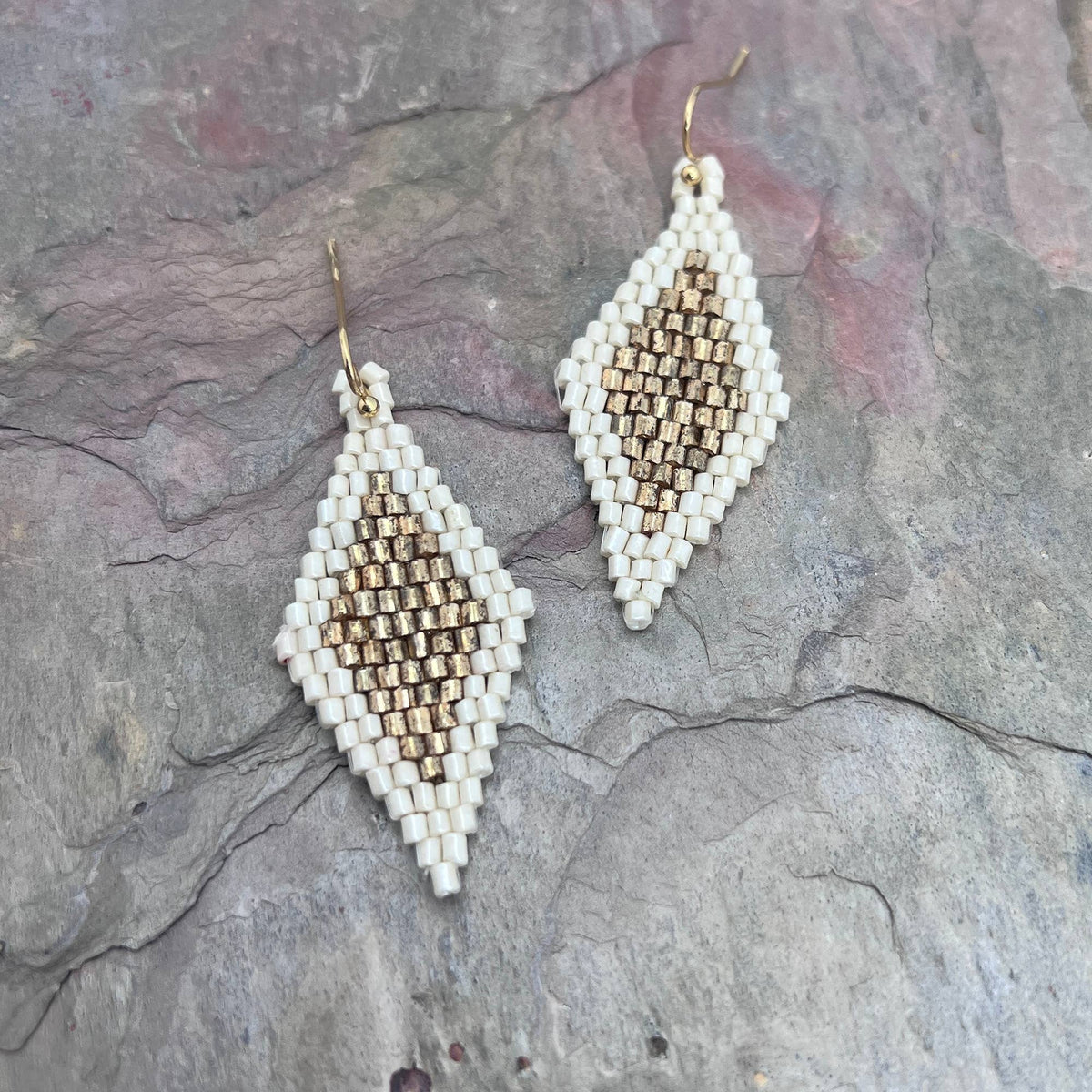 Seed Bead Diamond Shaped Earrings - Multiple Color Styles: Mustard &amp; Gold