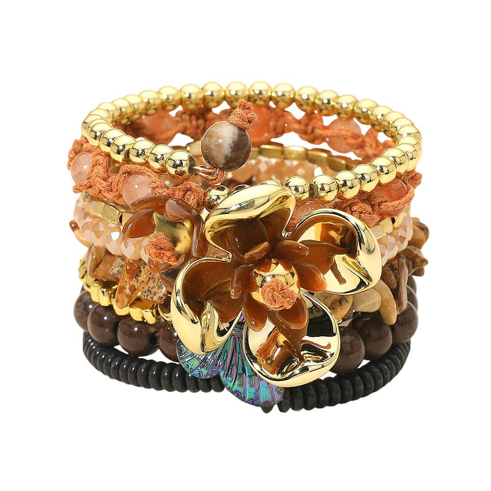 Floral Charm Accent Stacked Adjustable Beaded Coil Bracelet